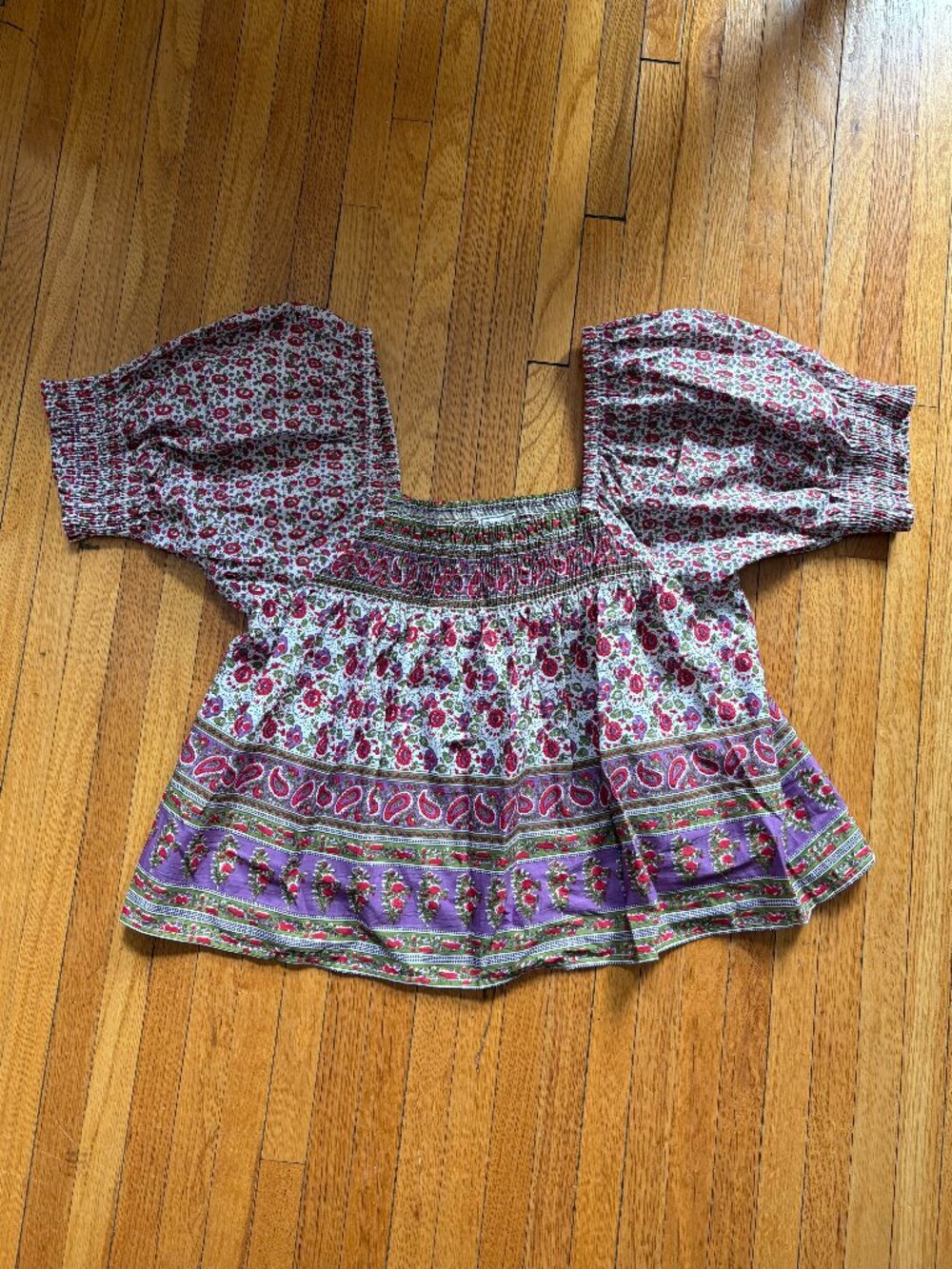 MILLE Red & Purple Floral Cotton Top with Puff Sleeves NWT, size L